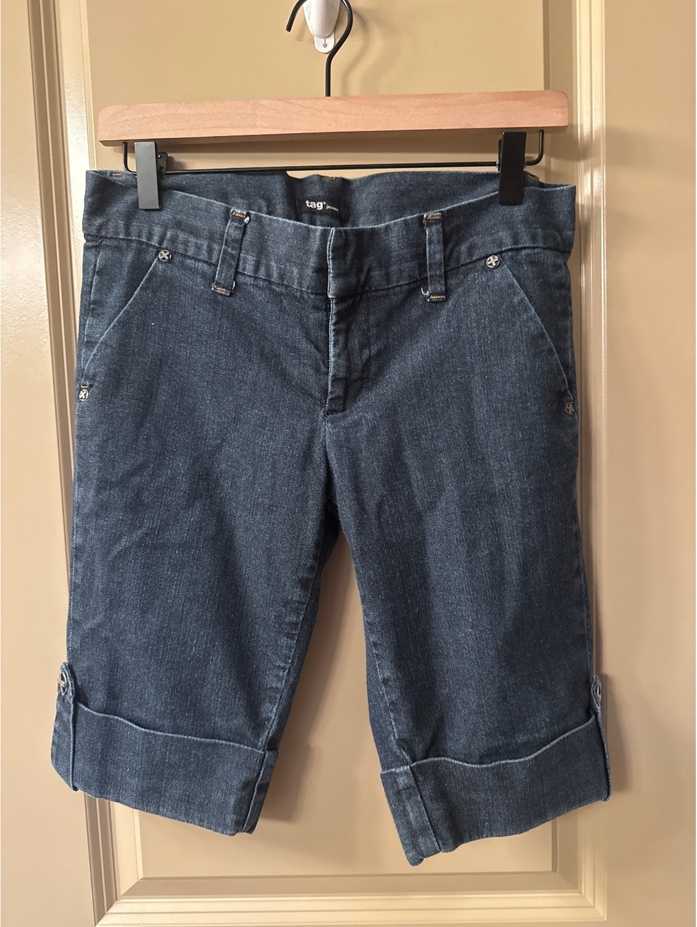 Tag Denim Bermuda Shorts with Rolled Hem and Button Detail